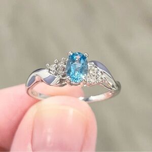 10K Light Swiss Blue Topaz Diamond accent oval solitaire dainty white gold ring‍